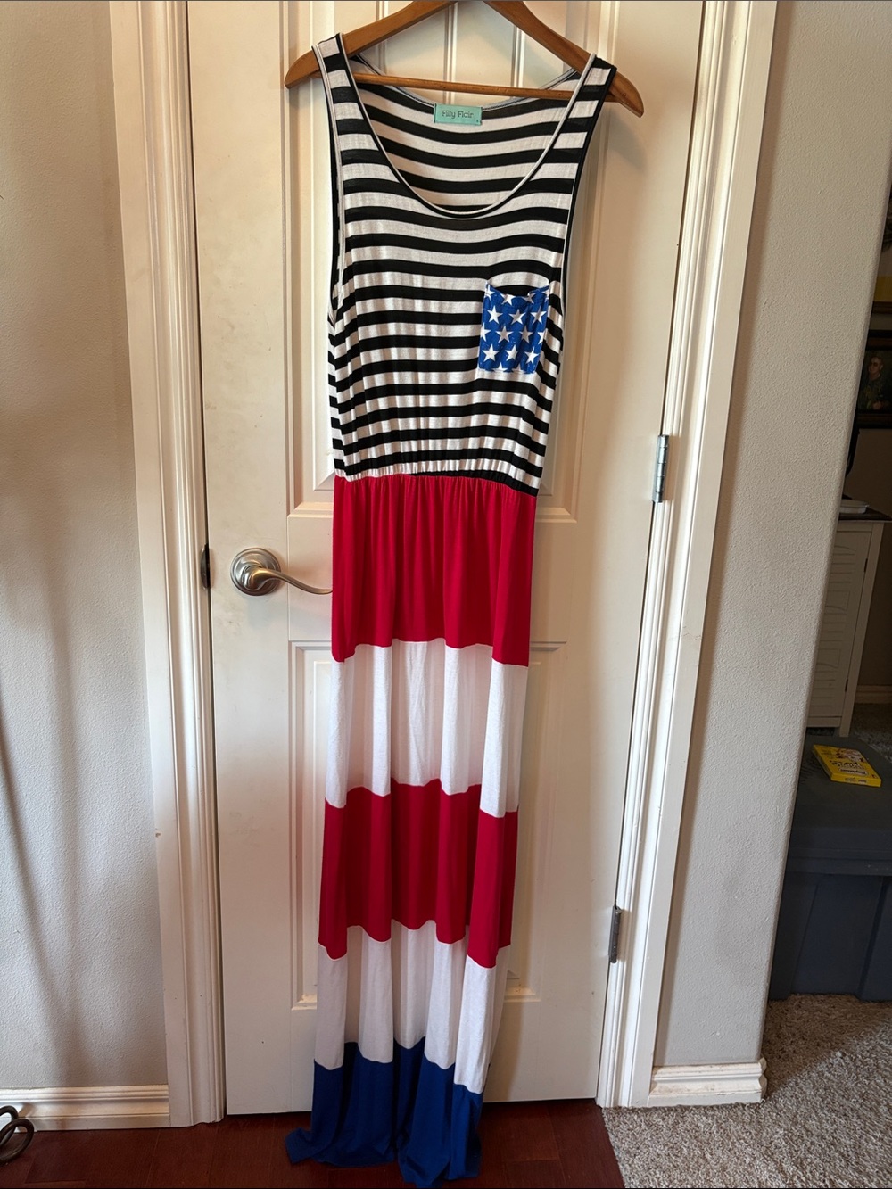 Filly Flair Red White Blue Striped Maxi Dress with Stars Pocket
